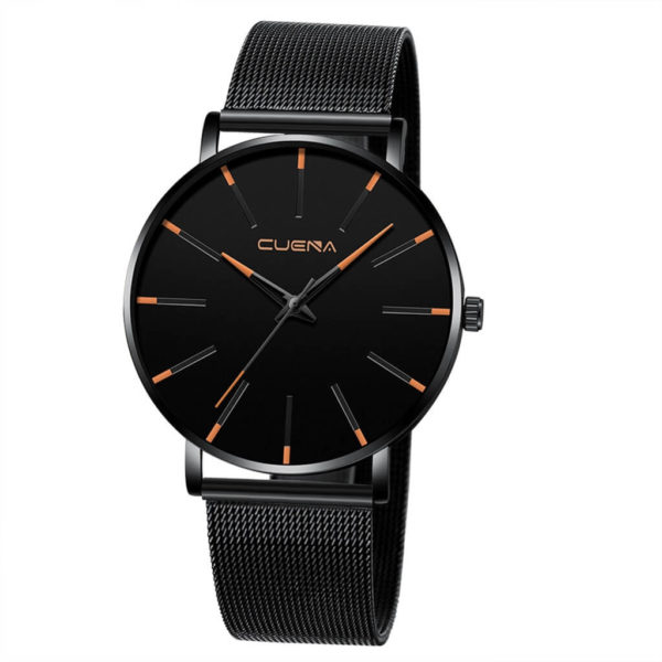 Thin Men's Steel strap watch Black Black Orange